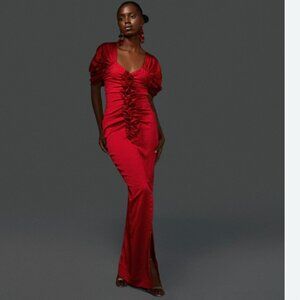 ORIRE Red SUSS Ruffle Silk Gown, Red Prom Formal Dress, Sz Small (4)